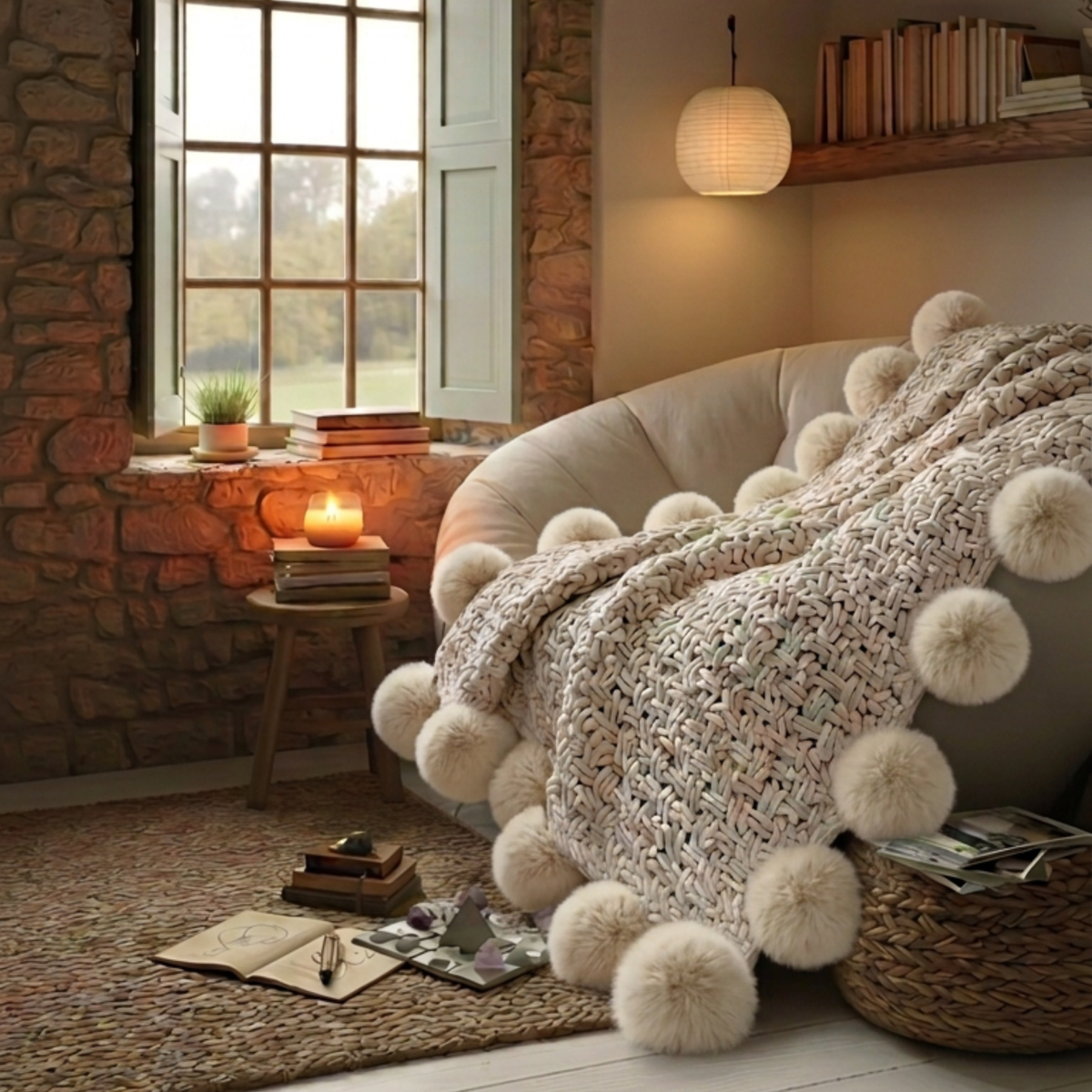 Oat Pom Pom Blanket